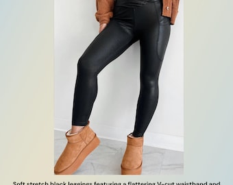 Pocketed V-Cut Waist Leggings | Black Sculpting Leggings Women | High Waist Athletic Leggings | Casual Lounge Pants | Everyday Soft Leggings