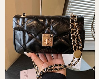 Black Quilted Chain Strap Crossbody Bag | Trendy Shoulder Purse | Y2K Mini Handbag | Concert Outfit Purse | Chic Girls Night Bag