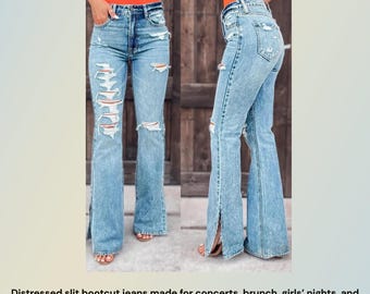 Distressed Slit Bootcut Jeans | Light Wash Ripped Denim Jeans | Trendy Flare Jeans for Women | Y2K Denim Pants | Casual Streetwear Jeans