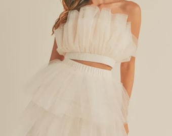 White Ruffle Skirt Set Women Two Piece Outfit Bridal Shower Birthday Vacation Bachelorette Set