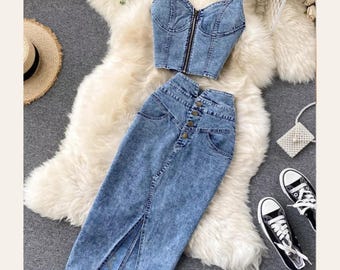 Denim Two Piece Skirt Set | Zipper Crop Top & Midi Skirt Set | Y2K Denim Outfit | Concert Outfit | Vacation Matching Set