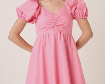 Pink Puff Sleeve Mini Dress Women Sweetheart Neckline Smocked Party Birthday Dress Cute Brunch Outfit