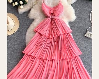 Pleated Layered Spaghetti Strap Midi Dress | Feminine Vacation Dress |Pink Tiered Midi Dress | Birthday Dinner Outfit |Romantic Summer Dress