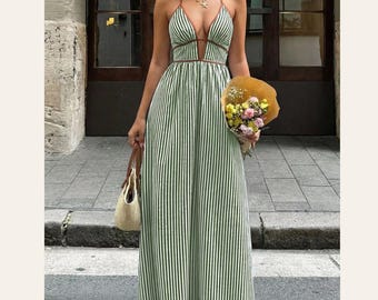 Striped Halter Neck Maxi Dress | Vacation Maxi Dress | Beach Vacation Outfit | Summer Resort Dress | Brunch Dress | Flowy Halter Dress