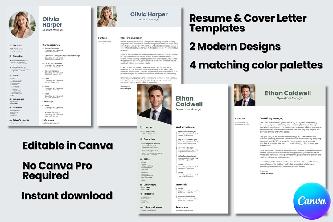 Resume Template Canva | Modern CV & Cover Letter | Editable ...