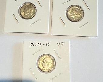 1949-D Roosevelt Dime – 90% Silver – Grandpa Graded VF