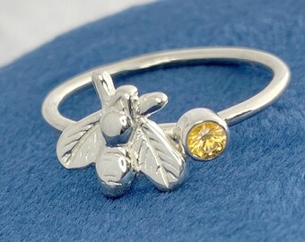 Honey Bee Ring, November Birthstone Ring, Yellow Bee Ring, Silver Bee Jewelry, Gift For Sister, Tiny Bee Ring