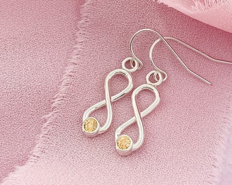 November Birthstone Earrings for Women, Sterling Silver Infinity Dangle Earring, Yellow Birthstone Jewelry, Gemstone Earrings