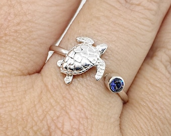 Sea Turtle Ring, September Birthstone Ring, Silver Sea Turtle Jewelry, Promise Ring, Stackable Ring, Personalized Ring, Birthstone Jewelry