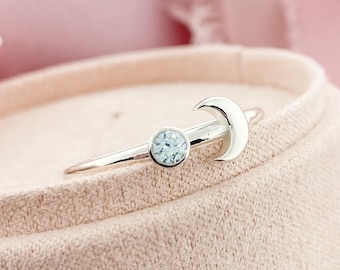 Crescent Moon Ring with March Birthstone, March Birthday Gift, Silver Birthstone Ring