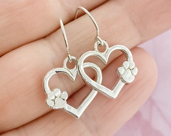 Sterling Silver Paw Print Earrings, Heart Dangle Earring, Sterling Silver Earring