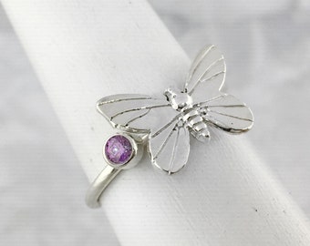 Silver Butterfly Ring with February Birthstone, Purple Stone Jewelry