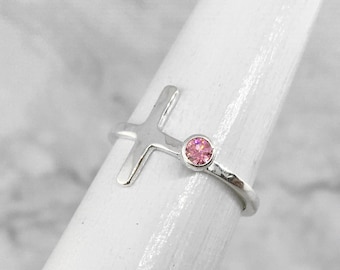 Simple Ring Design, Merged Cross, October Birthstone Ring, Christian Ring, Inspirational Gift