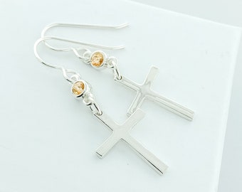 Sterling Silver Cross Earring with a November Birthstone, Cross Dangle Earring, Yellow Birthstone Earrings