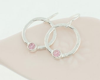 October Birthstone Earrings, Pink Stone Sterling Silver Circle Earrings for Women, Small Circle Earring