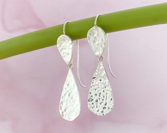 Teardrop Silver Earrings, Hammered Sterling Silver Earrings, Long Dangle Earrings