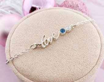 Sterling Silver Love Bracelet with Birthstones, Family Bracelet for Mom, Silver Family Jewelry