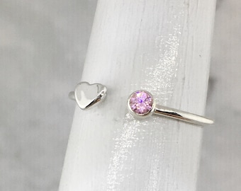 June Birthstone Ring, Birthstone Ring for Mom, Pink Stone Ring, Tiny Heart Ring, Ring for New Mom, Push Present