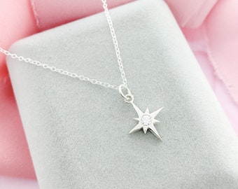 Sterling Silver North Star Pendant with a Birthstone, North Star Necklace