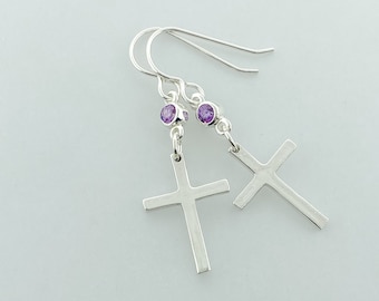 Sterling Silver Cross Earring with a February Birthstone, Personalized Birthstone Drop Earring