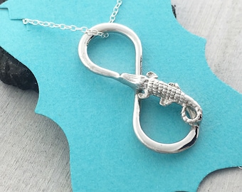 Alligator Necklace, Gator Charm Necklace, Silver Gator Jewelry, Alligator Jewelry, Gator Pendant, Alligator Infinity Necklace