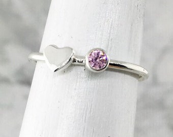 June Birthstone Ring, Pink Stone Ring, Tiny Heart Ring, Stackable Ring, Teen Ring, Gift for Daughter