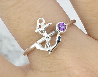 February Birthstone Ring with an Anchor Ring, Navy Mom Ring, Nautical Ring with a Birthstone