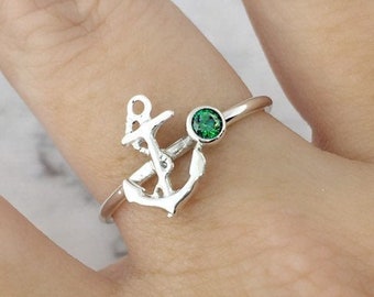 Silver May Birthstone Ring, Stackable Sterling Silver Anchor Ring, Green Stone Jewelry, Sailor Ring with Anchor and Birthstone