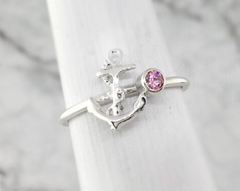 October Birthstone Ring, Anchor Ring, Pink Stone Ring