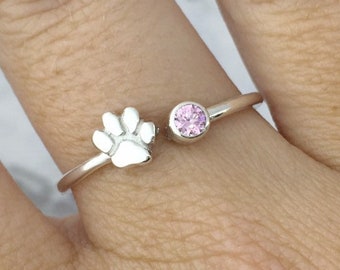 Cat Ring, Cat Lover Gift, Cat Paw Jewelry, Personalized Paw Ring, Paw Print Ring, Pet Paw Ring, June Birthstone Ring