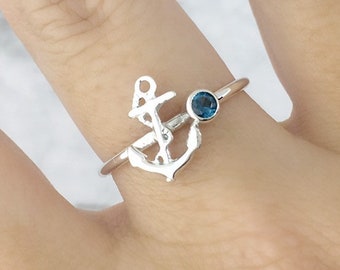 December Birthstone Ring with an Anchor, Silver Stackable Ring, Silver Nautical Jewelry, Navy Girlfriend Gift