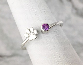February Birthstone Ring with a Paw Print Detail, Sterling Silver Personalized Gift for Pet Lovers