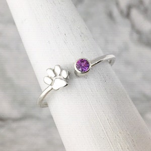 February Birthstone Ring with a Paw Print Detail, Sterling Silver Personalized Gift for Pet Lovers February