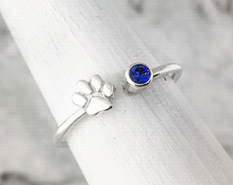 Paw Print Ring, September Birthstone Ring, Blue Gemstone Ring, Pet Parent Gift, Personalized Paw Ring, Puppy Dog Paw