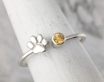 November Birthstone Ring with Paw Print, Dog Paw Ring, Yellow Gemstone Ring, Pet Parent Gift, Personalized Paw Ring