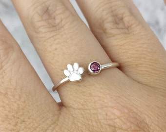 January Birthstone Ring, Paw Print Jewelry, Red Gemstone Ring, Pet Parent Gift, Personalized Paw Ring