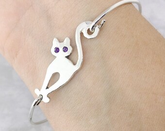 Cat Bracelet, Bangle Bracelet, Birthstone Jewelry, Cat Jewelry, Personalized Ring