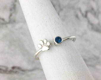 December Birthstone Ring, Paw Print Jewelry, Blue Gemstone Ring, Pet Parent Gift, Personalized Paw Ring