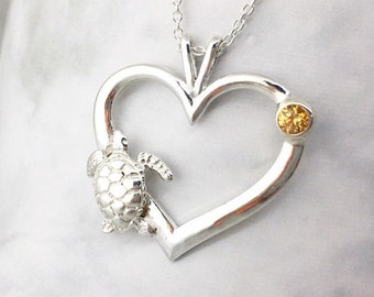 November Birthstone Pendant, Citrine Gemstone, Turtle Heart Pendant, Birthstone Jewelry, Sea Turtle Jewelry, 2