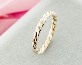 Triple Twisted Ring, Three Strand Ring, Flattened Twist Ring, Mixed Metal Ring, Thumb Ring for Women, Gold Stackable Ring, Twisty 5