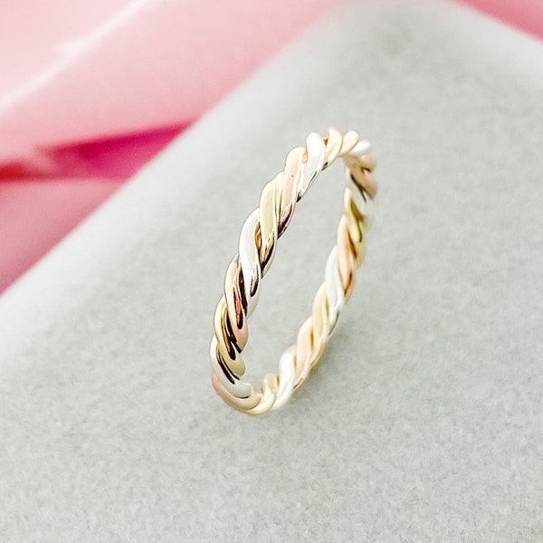 Triple Twisted Ring, Three Strand Ring, Flattened Twist Ring, Mixed Metal Ring, Thumb Ring for Women, Gold Stackable Ring, Twisty 5