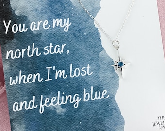 North Star Pendant with a Gift Box and Birthstone, Sterling Silver North Star Necklace