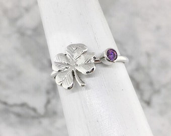 February Birthstone Ring for Women, Sterling Silver Clover Ring, Silver Irish Jewelry, Silver Birthstone Ring, Lucky Ring, Protection Ring