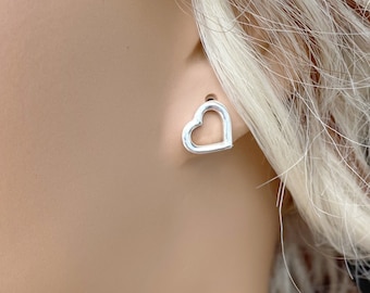 Sterling Silver Heart Earrings, Silver Stud Earring for Her, Heart Shape Jewelry, Heart Post, Valentines Day Gift