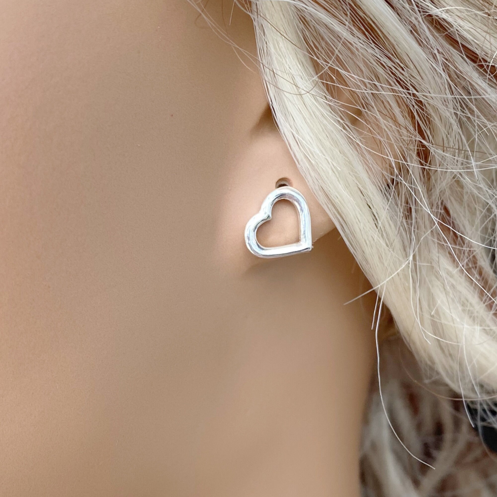 Sterling Silver Heart Earrings, Silver Stud Earring for Her