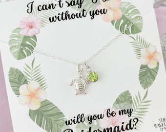 Bridesmaid Birthstone Necklace with Gift Box, Sterling Silver Sea Turtle Necklace, Bridesmaid Necklace Gift