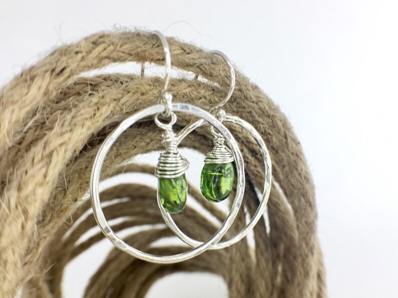 August Birthstone Green Dangle Earrings Silver Circle Earrings Stocking Stuffer Drop Earrings Earrings Peridot Gemstone Earrings