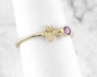 Dog Paw Print Ring, February Birthstone Jewelry, Yellow Gold Ring, 10K Ring, Simple Ring, Amethyst Ring, Puppy Ring 92