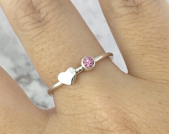 Dainty October Birthstone Ring, Sterling Silver Pink Stone Ring, Tiny Heart Ring