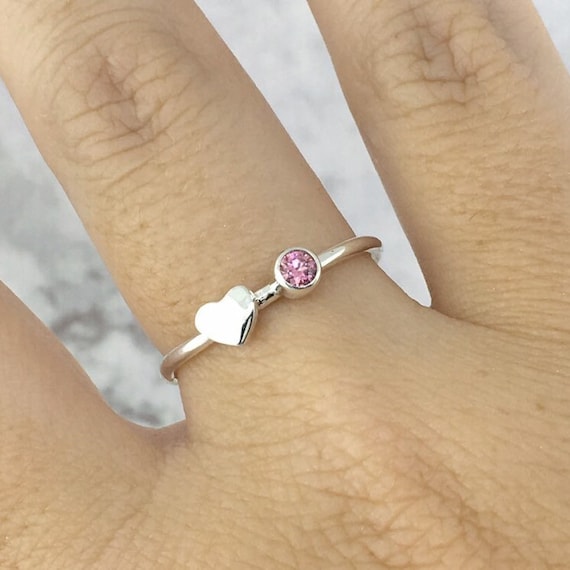 Dainty October Birthstone Ring Sterling Silver Pink Stone Ring Tiny Heart  Ring 